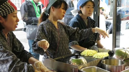 London Street Food from Japan. Okonomiyaki and Onigiri Cooked and Tasted in Brick Lane