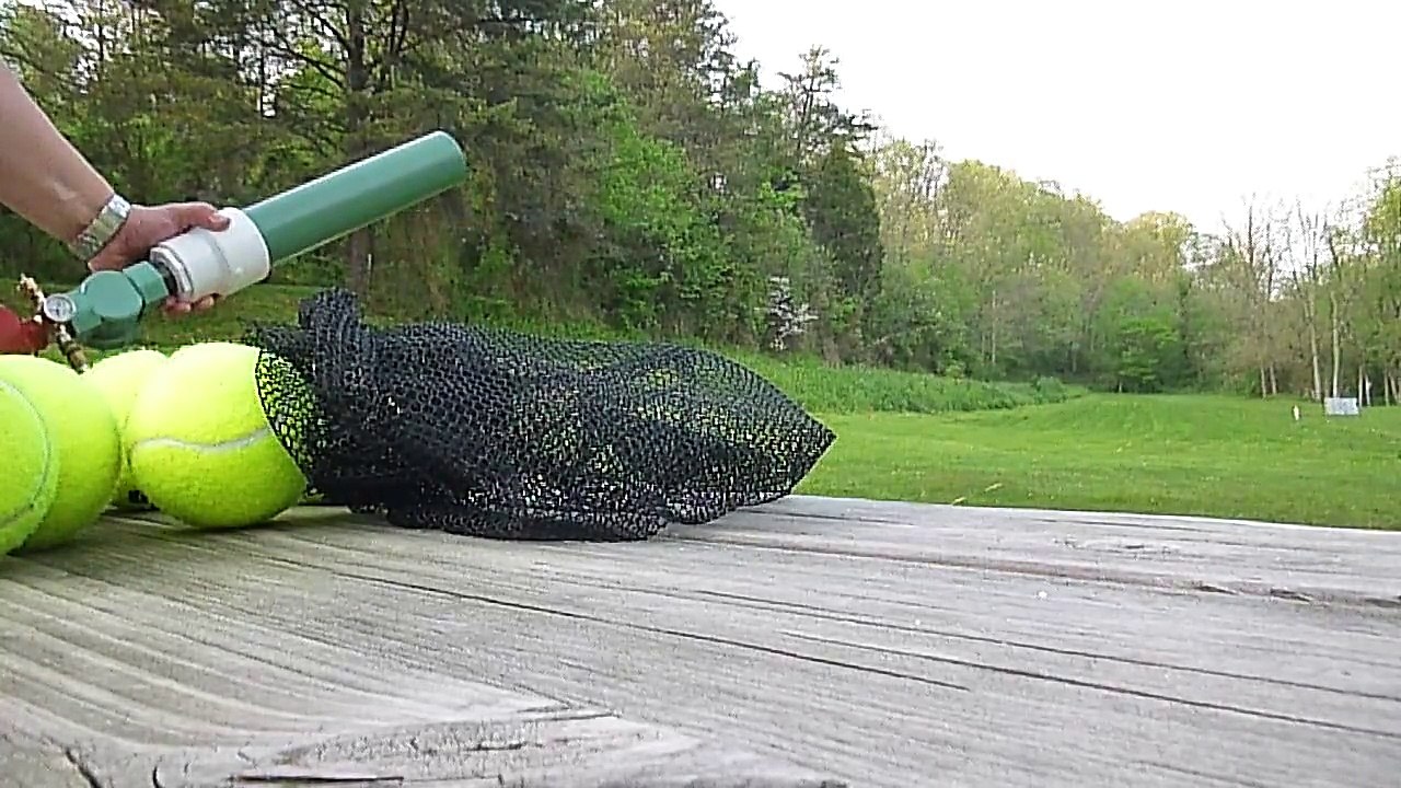 Pneumatic Air Cannon / Launcher / Shooter Tennis Ball set up video