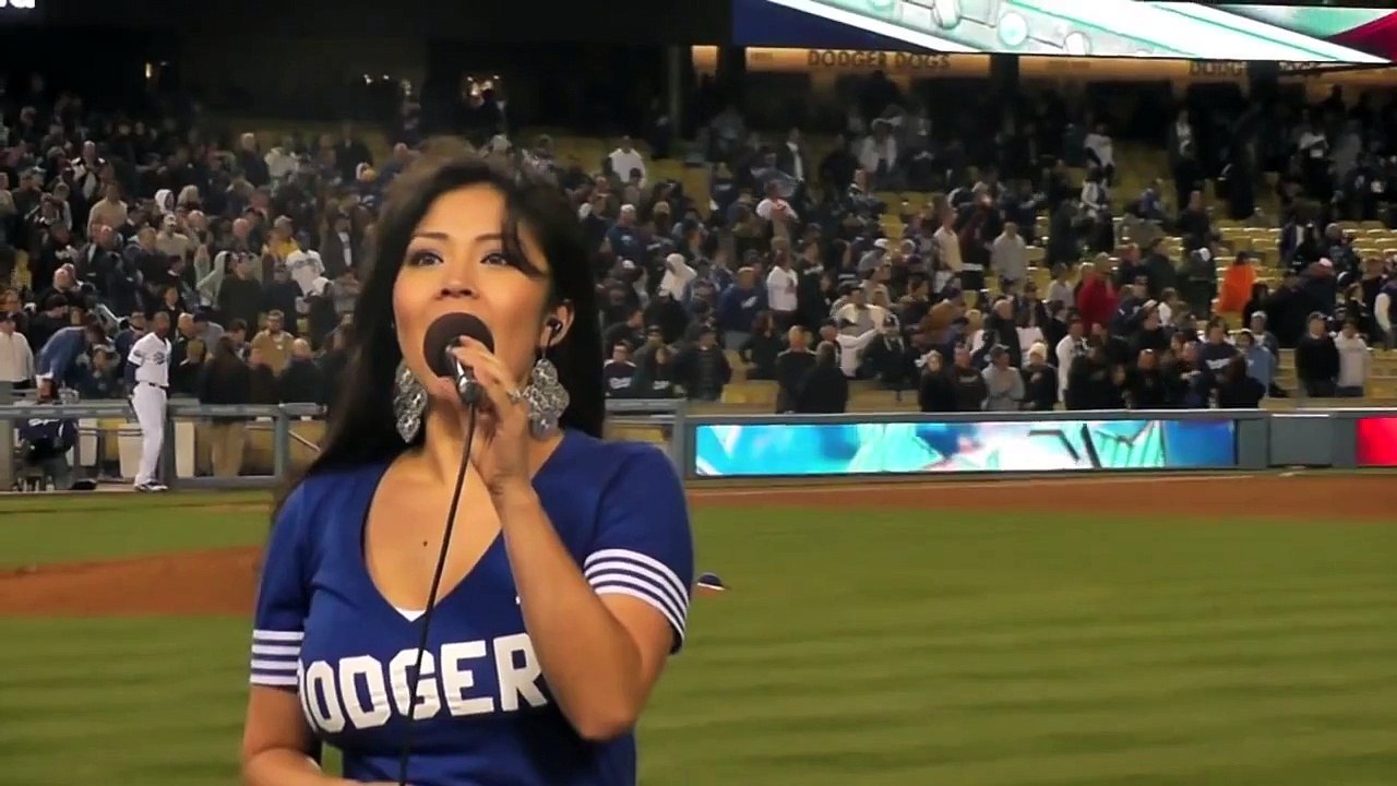 Trisha Mikiko Lopez sings God Bless America at the Dodgers vs Pirates Game