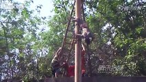Worker hanging on pole severely injured after being hit by electric shock