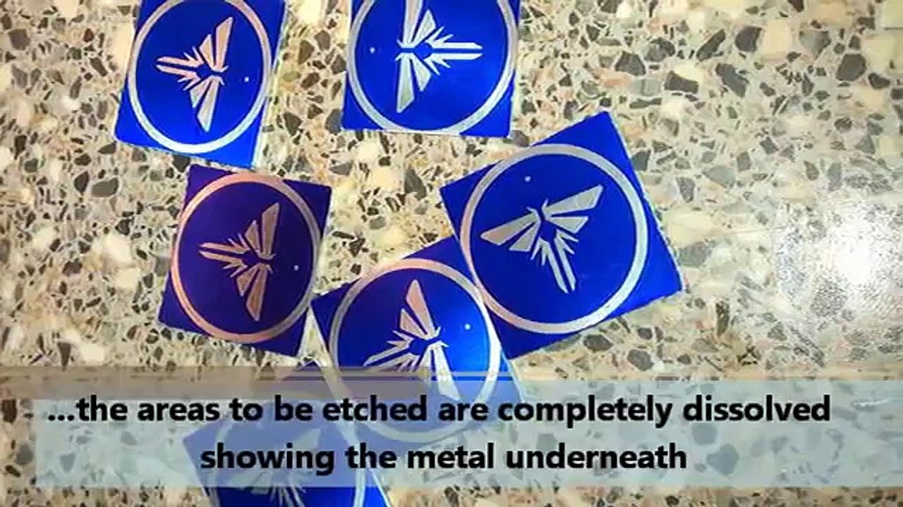 Saline etching an aluminium  "Firelfly" dogtag keychain from the PS3 game 'The Last of Us'