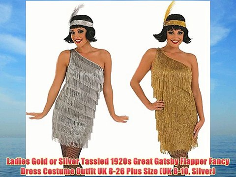 Ladies Gold or Silver Tassled 1920s Great Gatsby Flapper Fancy Dress Costume Outfit UK 8-26
