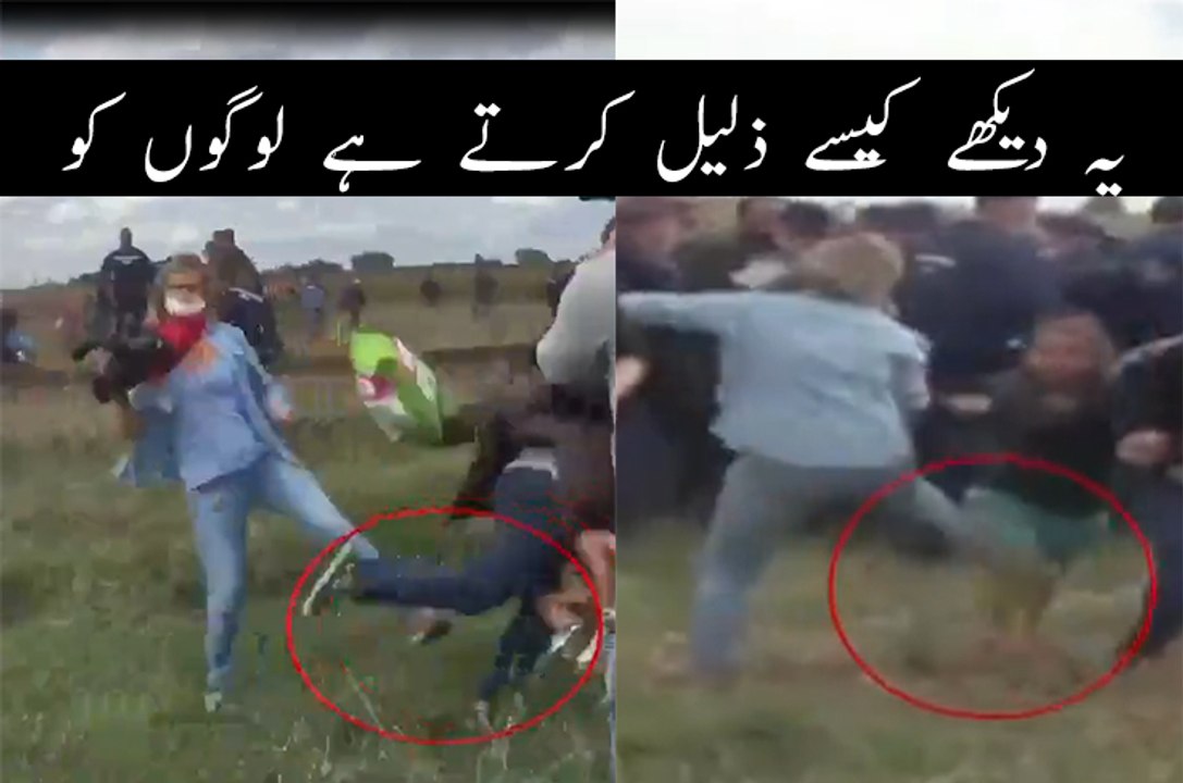 Hungarian camerawoman filming police chase of refugees trips refugee