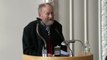 Kurt Westergaard speaks in the Danish Parliament building