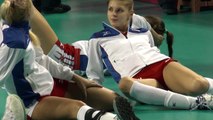 Stretching by beautiful female volleyball team Russia