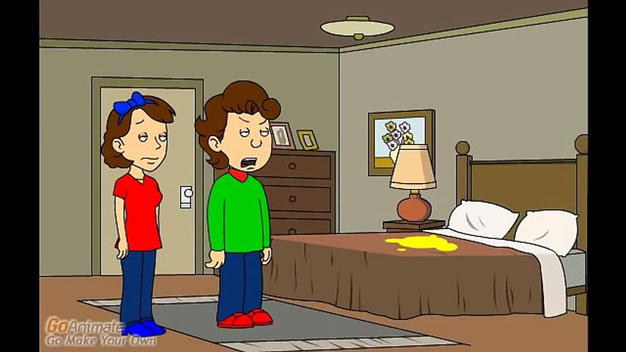 Caillou pees on his parents' bed and gets grounded