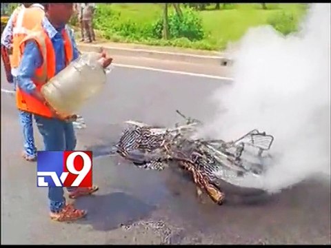 Speeding bike rams lorry, bursts into flames