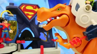 Superman Exoskeleton and The Flash Attacked by a Dinosaur T-Rex and Saved by Batman Batmobile