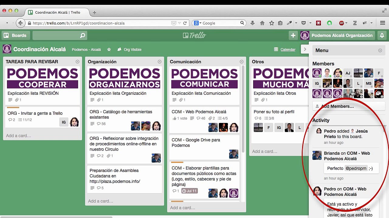 Tablero de Coordinación de una organización en Trello