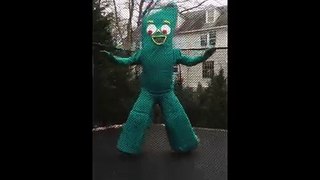 Gumby having fun at Xmas on a trampoline - REAL GUMBY