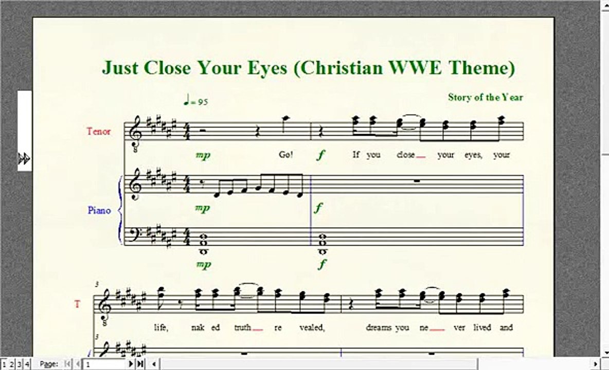 Wrestling Piano Theme Sheet Music - "Just Close Your Eyes" (Christian WWE Theme)
