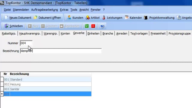 Leistungsverzeichnis im Leistungsstamm TopKontor Handwerk