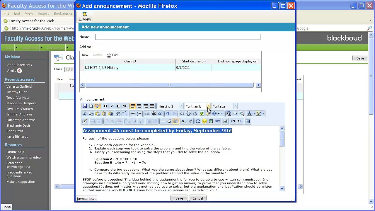 Faculty Access for the Web HTML Editor for Class Announcements