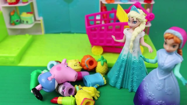 Peppa Pig Runaway George! Shopkins Adventure with Frozen Elsa and Anna Dolls