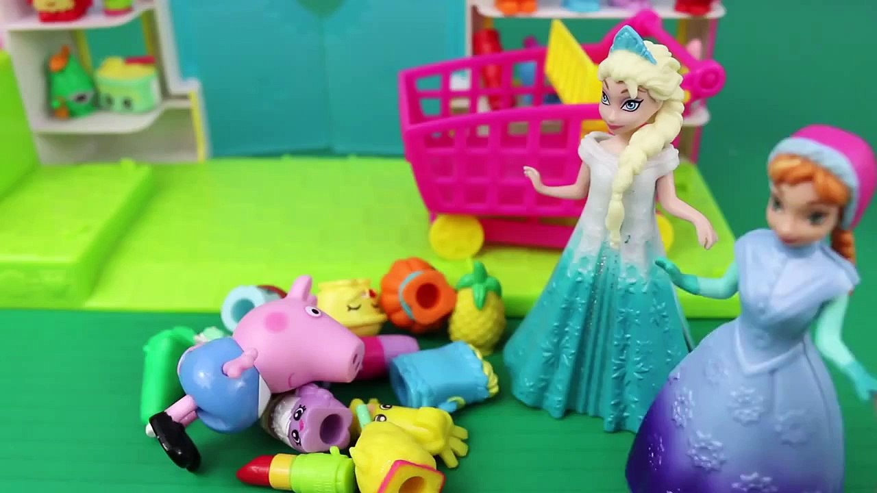 Peppa Pig Runaway George! Shopkins Adventure with Frozen Elsa and Anna Dolls