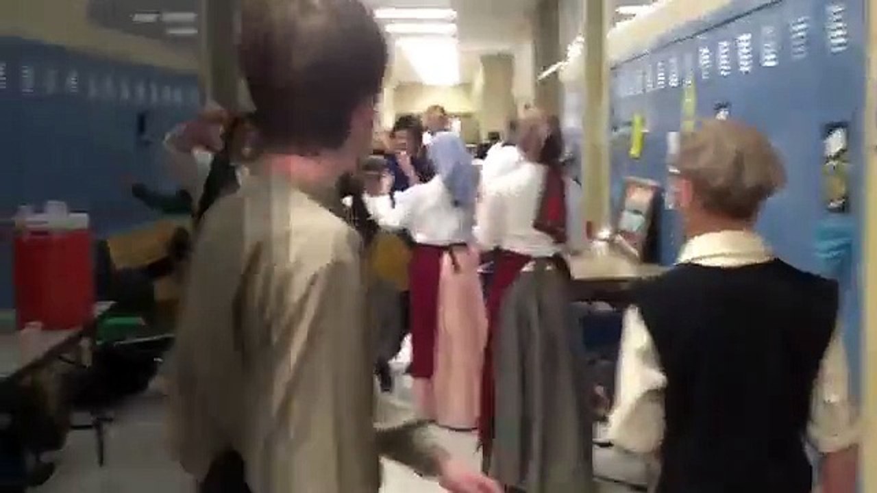 Backstage stage with the cast of Fiddler On The Roof