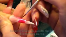 Ongle Stiletto & Papillons en aquarelle, Stiletto Nail with Watercolour Butterfly.