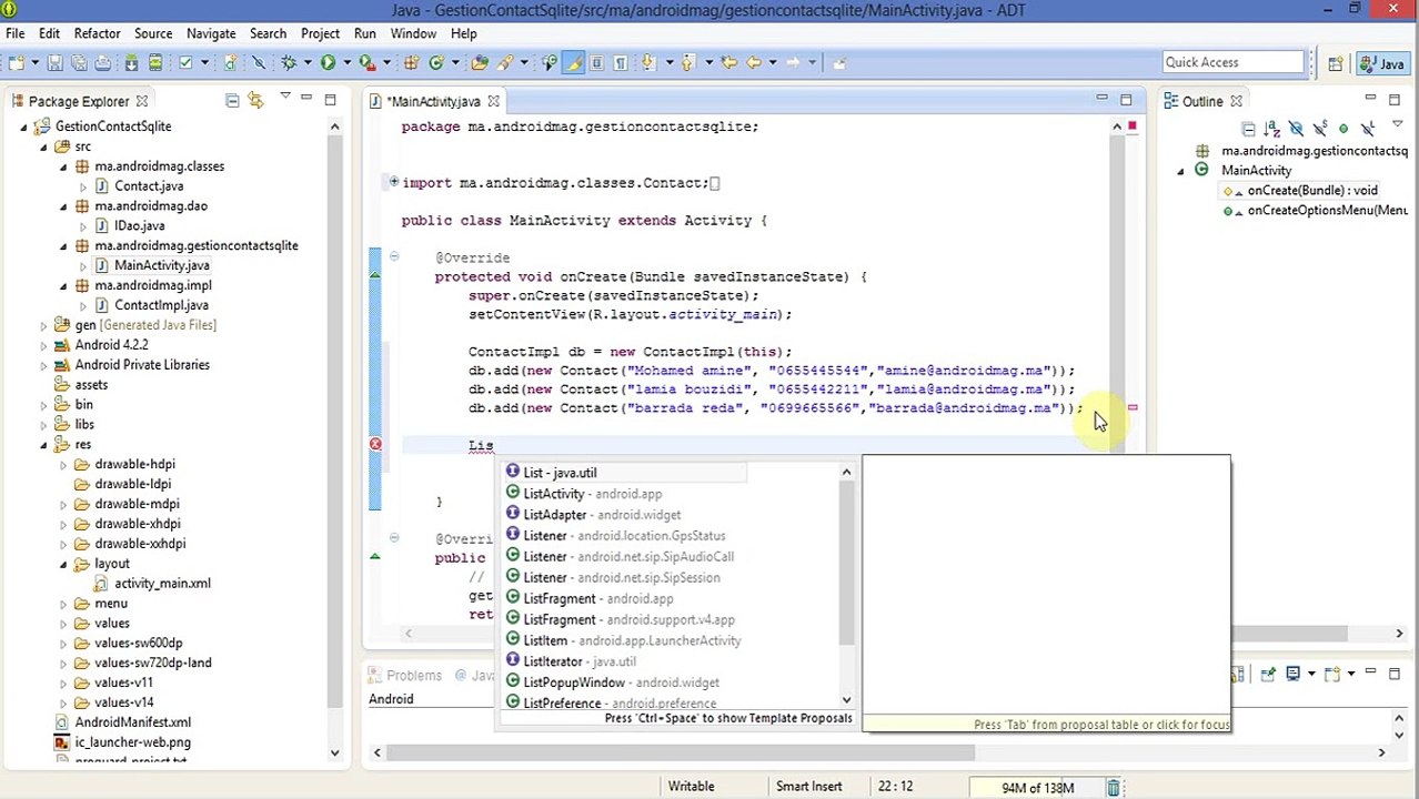 Gestion Contacts -- android SQLite Partie 1]
