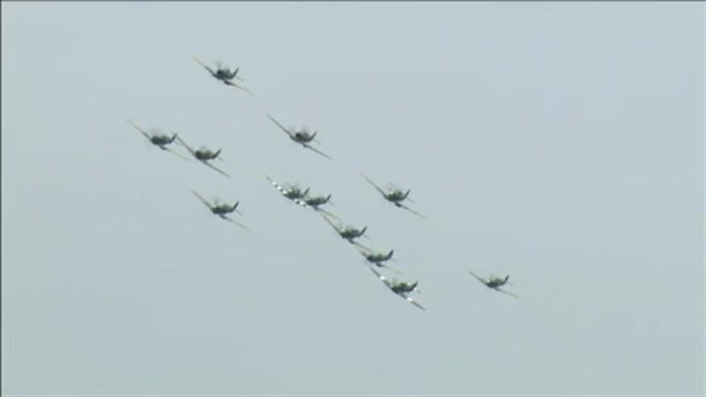 Incredible sight of 11 Spitfires and a Hurricane flying at Battle of Britain Commemoration.