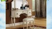 Trini 3 pc off white finish wood make up dressing table vanity set with stool and tri-fold