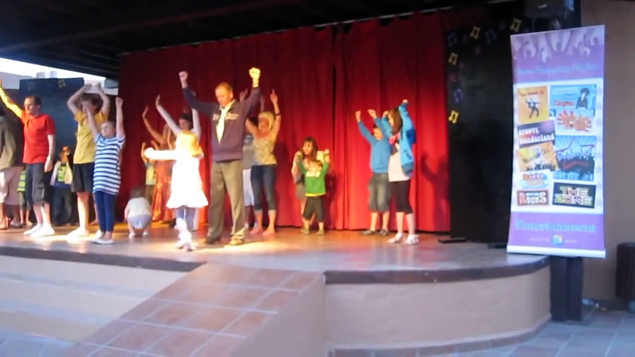 dancing to cartoon heroes at Oasis Dunas