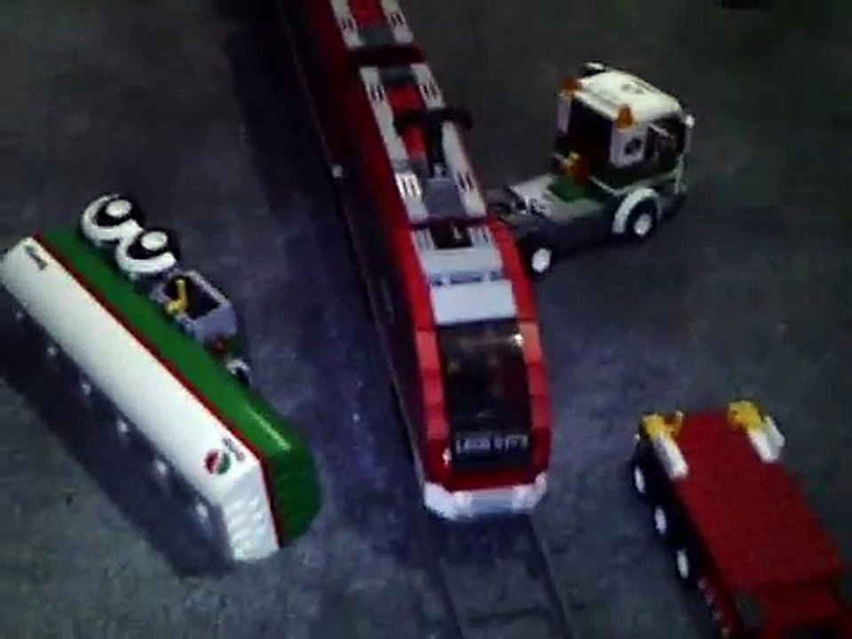 lego train crash tests with lego trucks and a bus