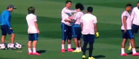 Cristiano Ronaldo hugs nearly all of his Real Madrid teammates in training