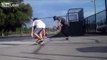 Kid Dodges Twisting Skateboard