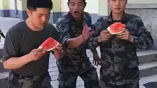 Chinese Army Guy Man Eats Watermelon In Seconds