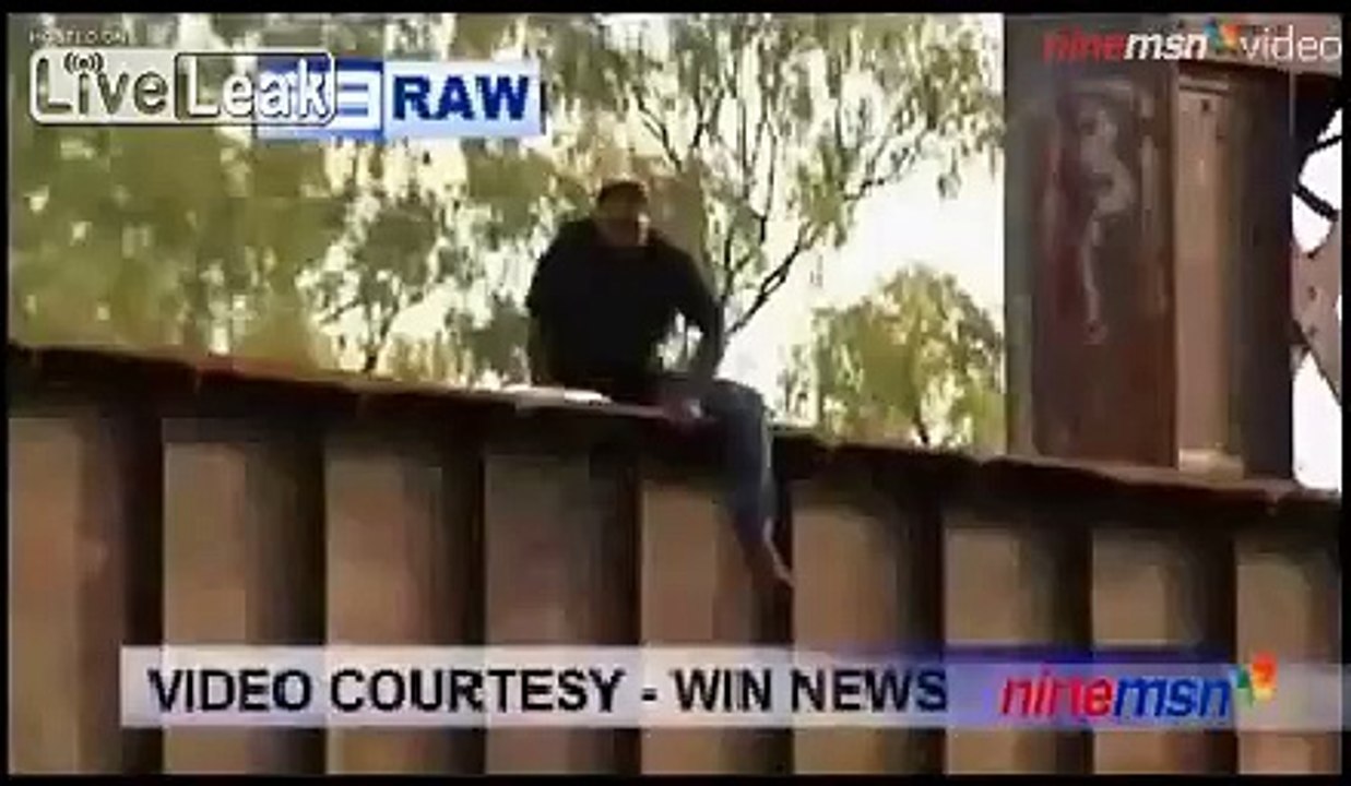 Man jumps off bridge and gets hit by firetruck.