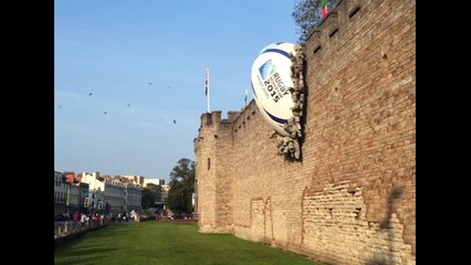 Huge rugby ball "crashes into" Cardiff Castle