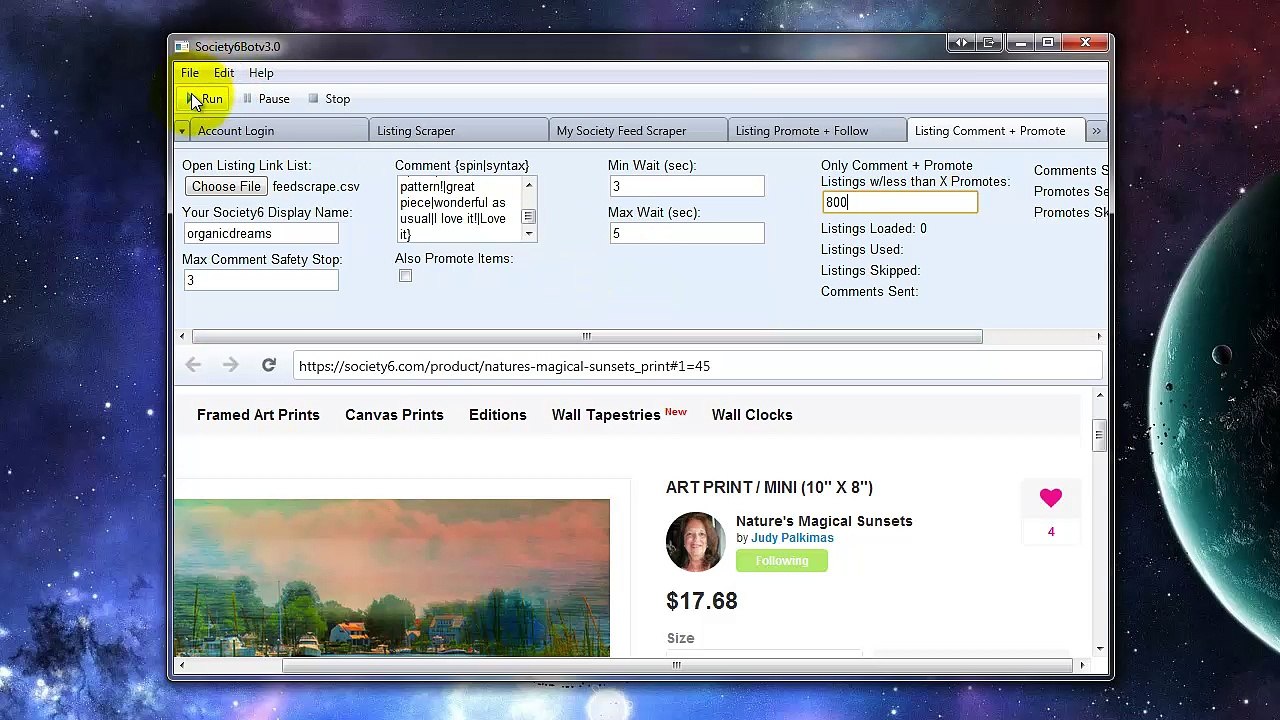 Society6 Bot - Comment + Promote Module