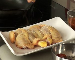 Coquelet en crapaudine, légumes à la diable