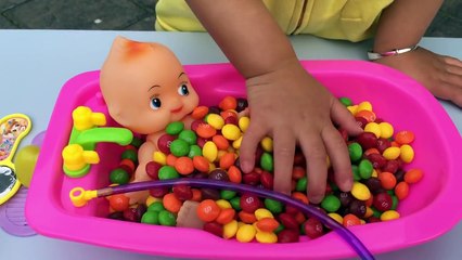 Baby Doll Bath Time In Skittles Candy Pretend Play