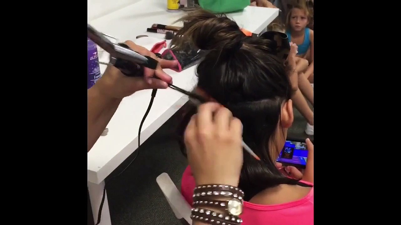 Cheer hair demo for short cuts with curls and tease with Dutch braid