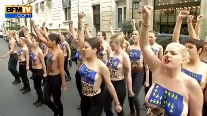 Les FEMEN perturbant la conférence de presse de Marine Le Pen