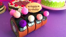 Toy cutting birthday cakes toy cherry chocolate vanilla swirl caramel log cakes