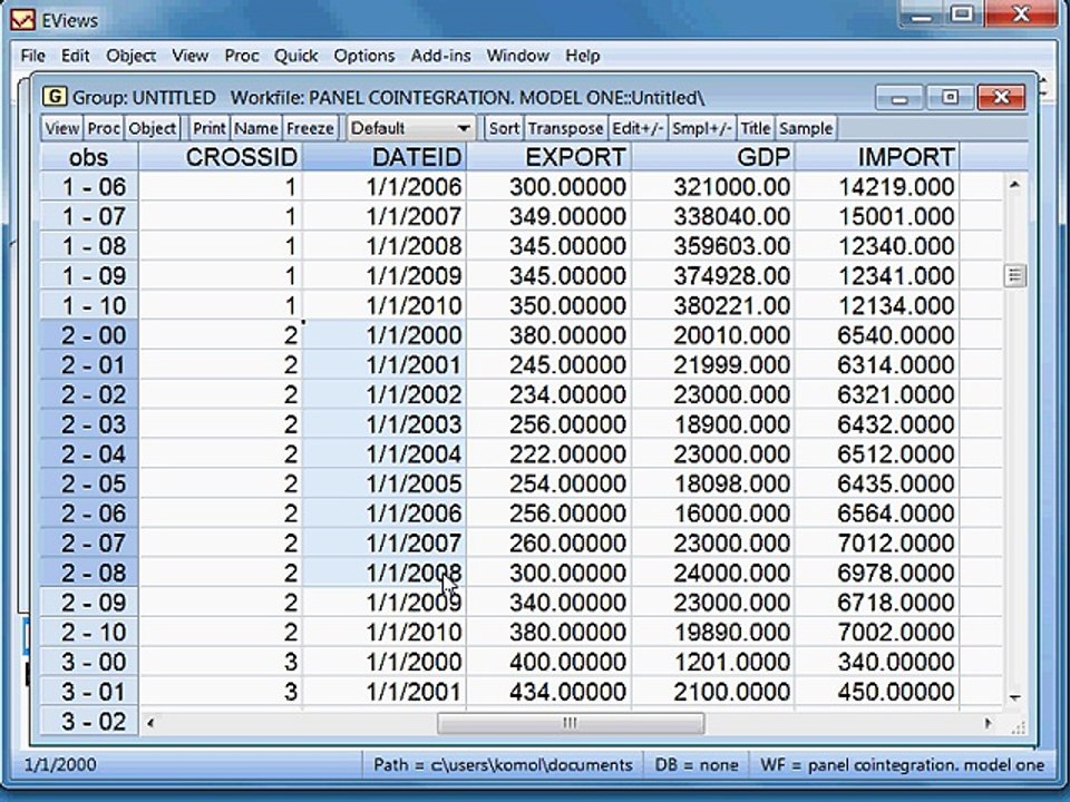 Panel Cointegration Testing. Model One. EVIEWS
