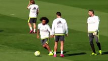 Marcelo muestra sus travesuras en el entrenamiento del Real Madrid