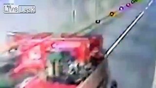 Driver looses comtrol and takes out larger truck in tunnel