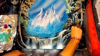 spray paint art secrets march 2013,airbrush,mountains,pine trees,waterfalls,space city,waves,beack