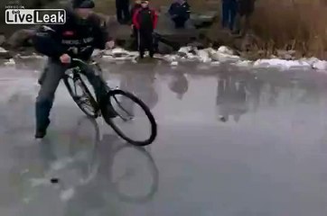 Russian ride a  bike on frozen lake and fail