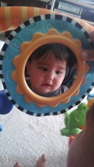Baby cracks up after discovering his reflection