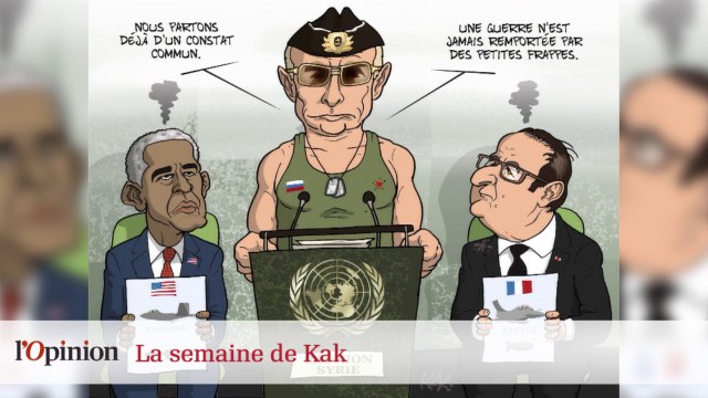 Dessin de Kak : Michel Sapin chimiste, Vladimir Poutine super tsar