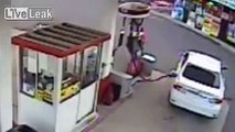 Robber tries stealing cash belt at pump and drags attendant