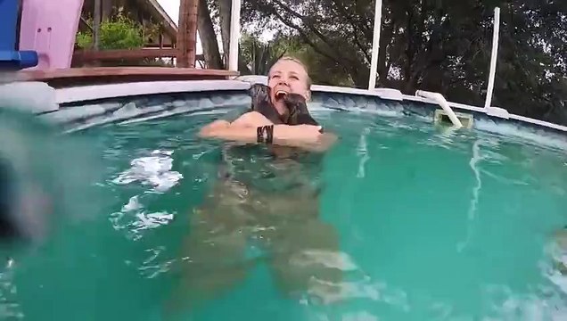 Une animatrice câlinée par plein de bébés loutres