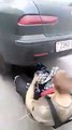 Dumb guy puts his head in front of car exhaust.... Crazy!!