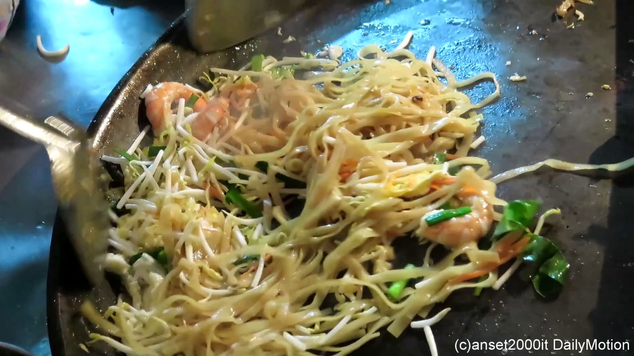 Thailand Street Food in Bangkok. Pad Thai with Shrimps