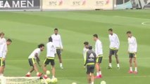 Cristiano Ronaldo trains his skills during Real Madrid training