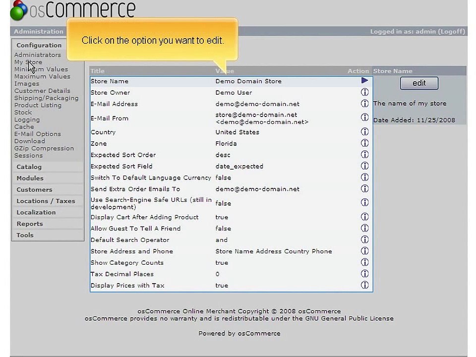 Configuring osCommerce store options in CPanel